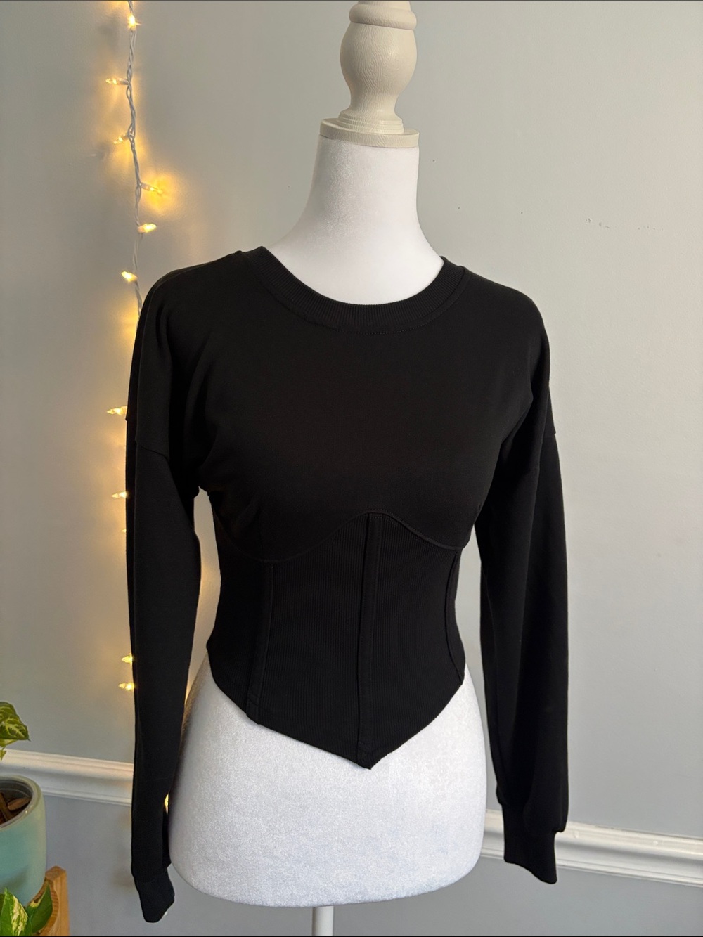 Black Corset-Style Long Sleeve Top
